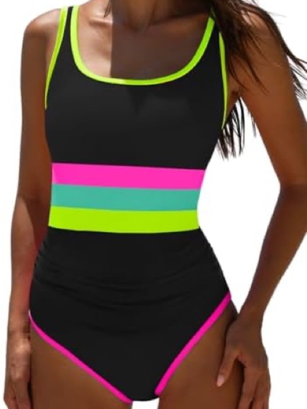 Popvil Neon Stripe Women’s Black Pink Teal Yellow One Piece Swimsuit NTW size M